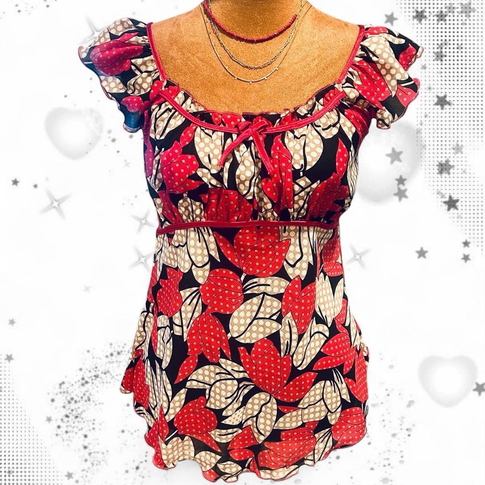 Cute Y2K Red and Black Floral & Polka Dot Babydoll Top